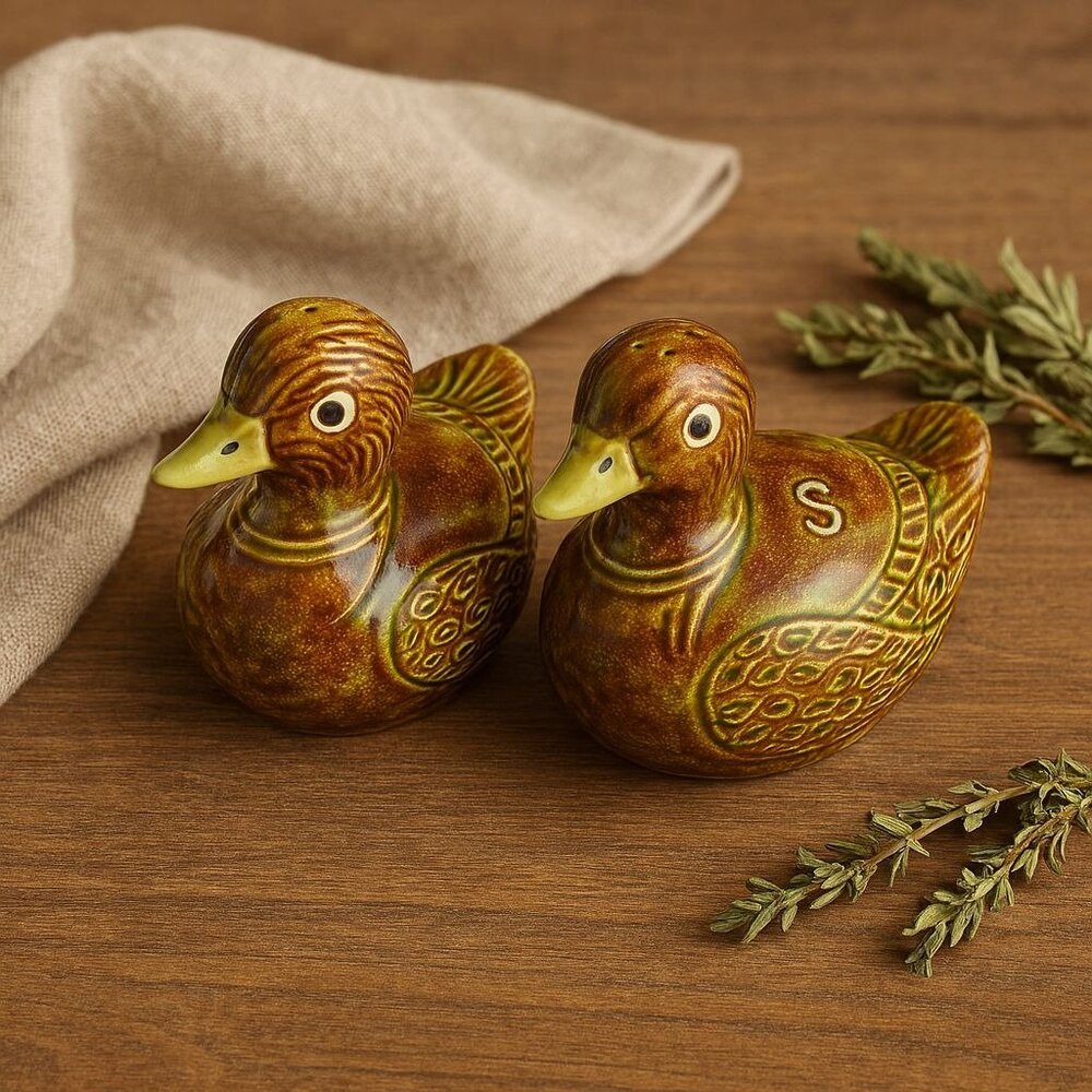 Vintage studio pottery duck salt & pepper shakers signed “R.B.”
